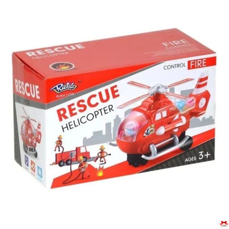Box of a toy rescue helicopter with red and white design on a white background