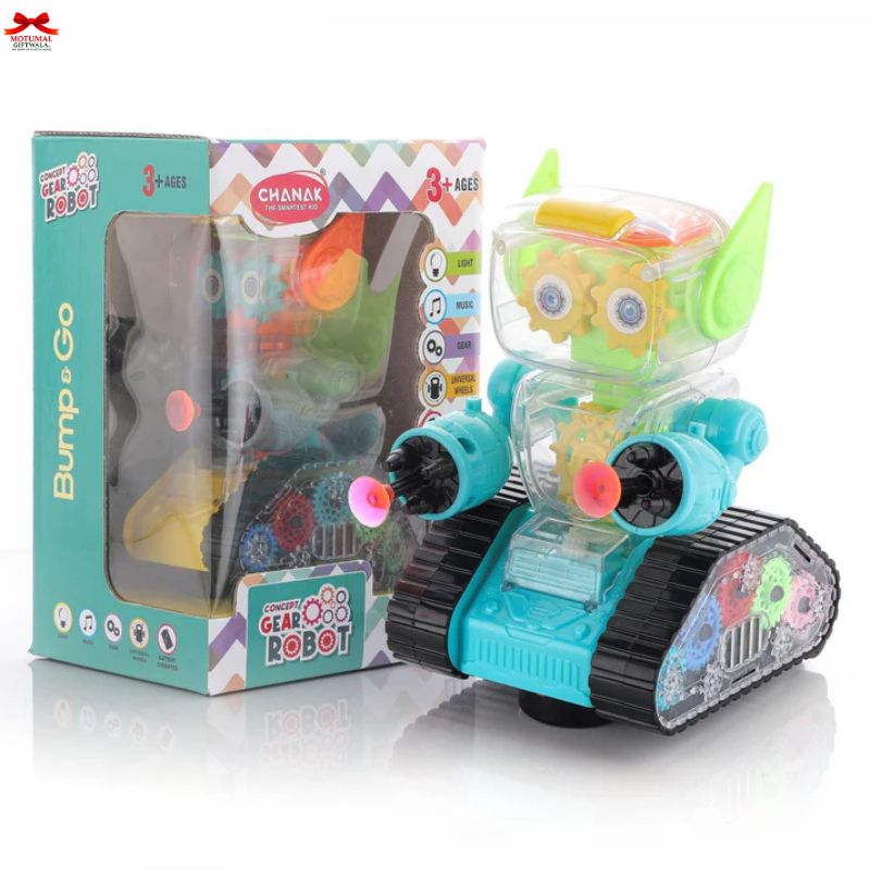 Colorful toy robot with transparent gear design next to its packaging on a white background