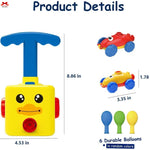 Toy duck with a blue handle and small cars, balloons, and measurements on a white background.