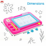 Pink and blue drawing board with writing tools and dimensions on a white background