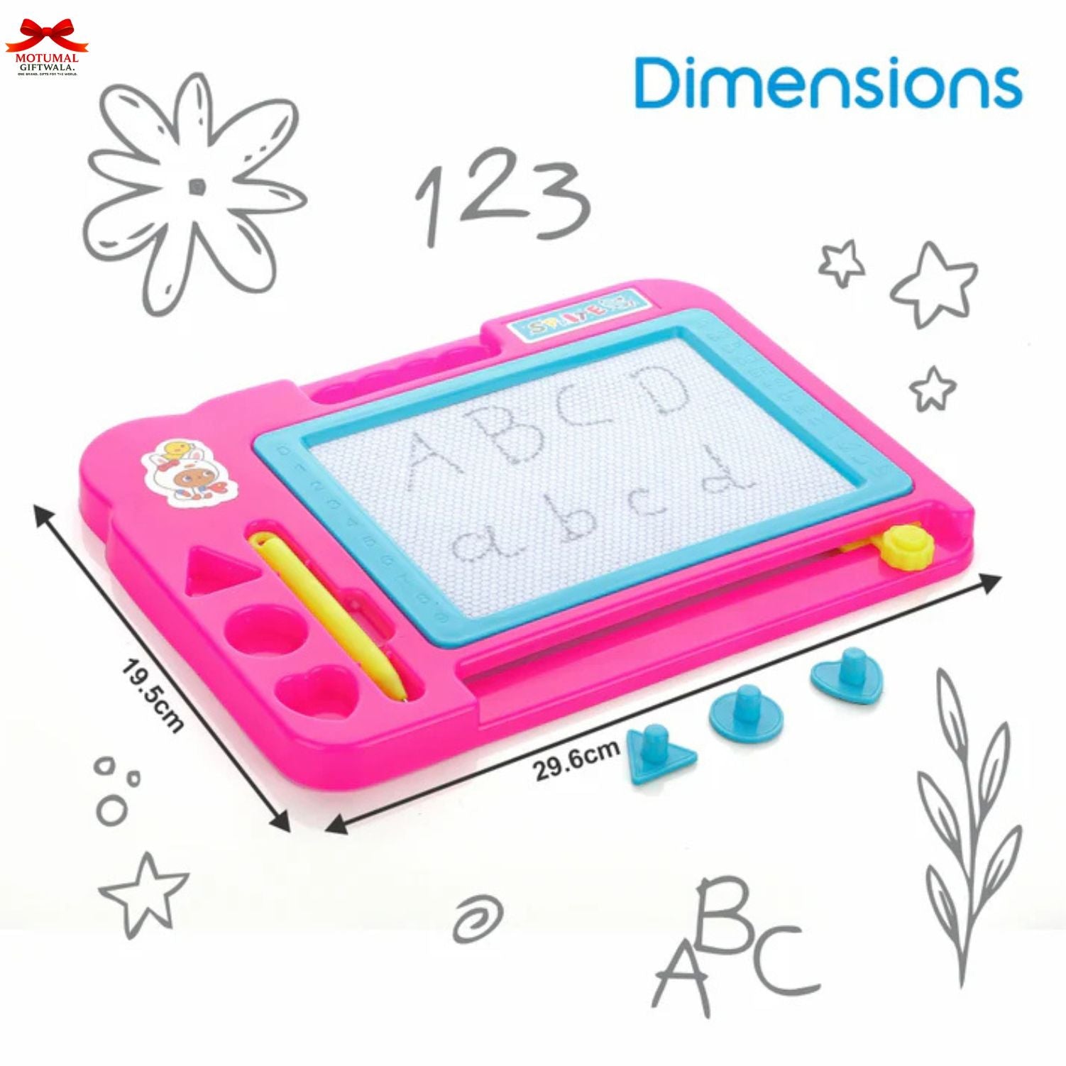 Pink and blue drawing board with writing tools and dimensions on a white background