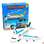 Toy airplane with colorful design in front of its packaging box on a white background