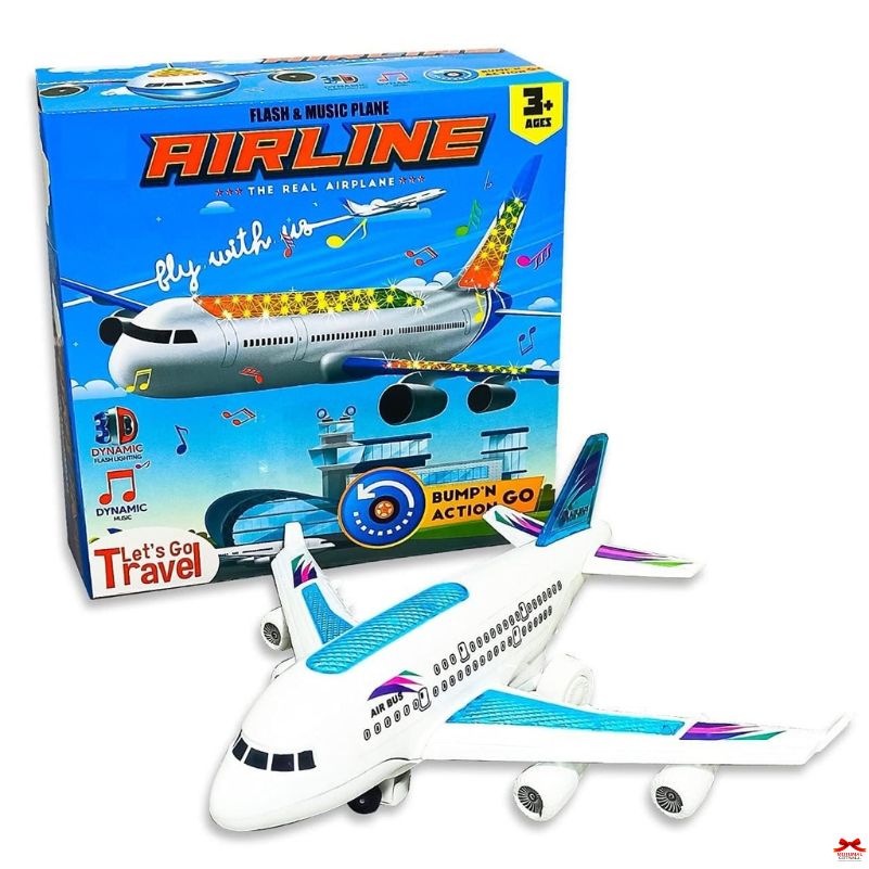 Toy airplane with colorful design in front of its packaging box on a white background