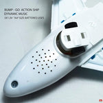 White toy action ship with text on a light gray background