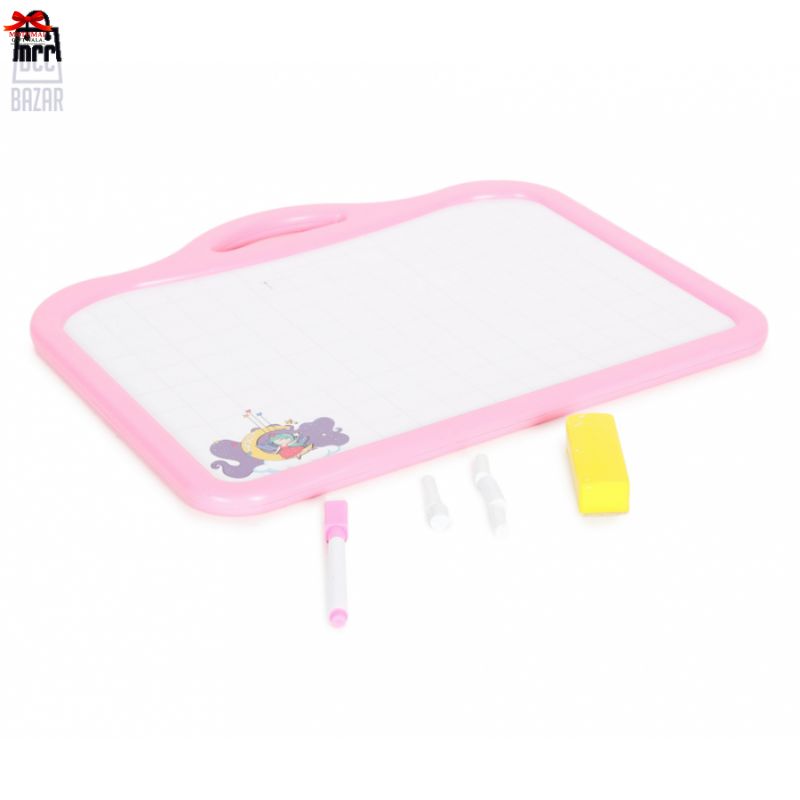 Pink and white drawing board with a cartoon character on a white background