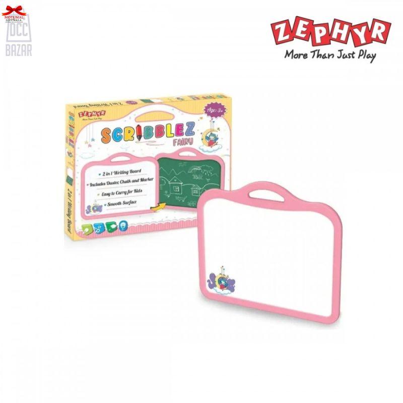 Pink 2-in-1 writing board with green chalkboard and white erasable surface, next to its packaging, on a white background.