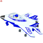 Toy airplane model with blue and white design on a white background