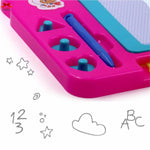 Colorful drawing board with writing tools and sample drawings on a light purple background