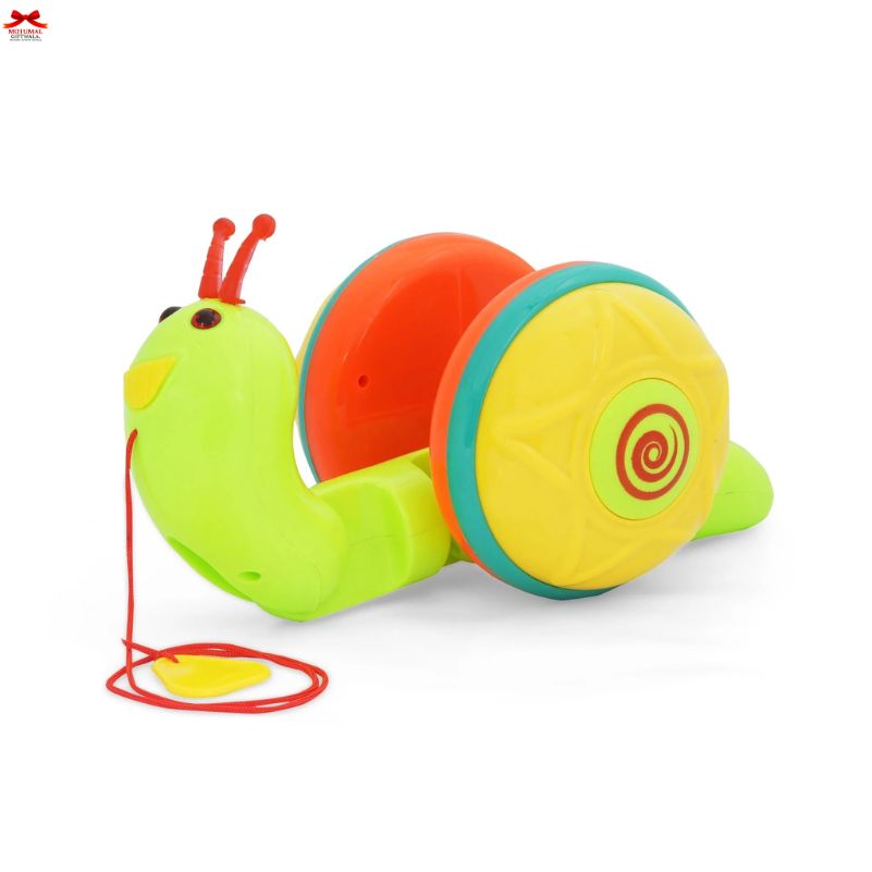 Colorful toy snail with wheels on a white background