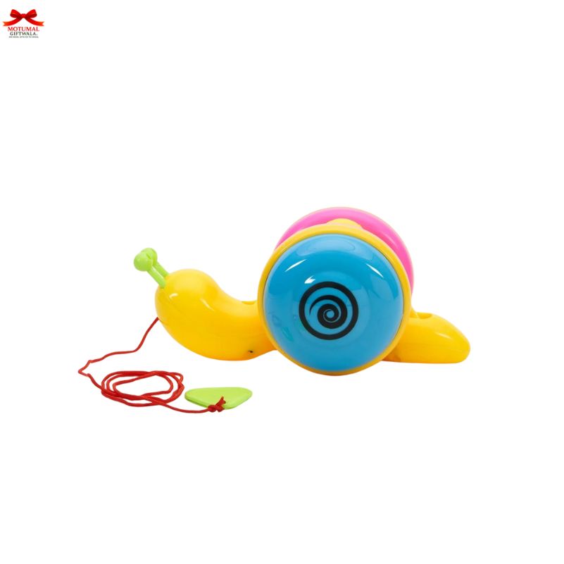 Colorful toy snail with a red string on a white background