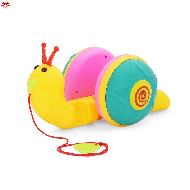 Colorful toy snail with wheels on a white background