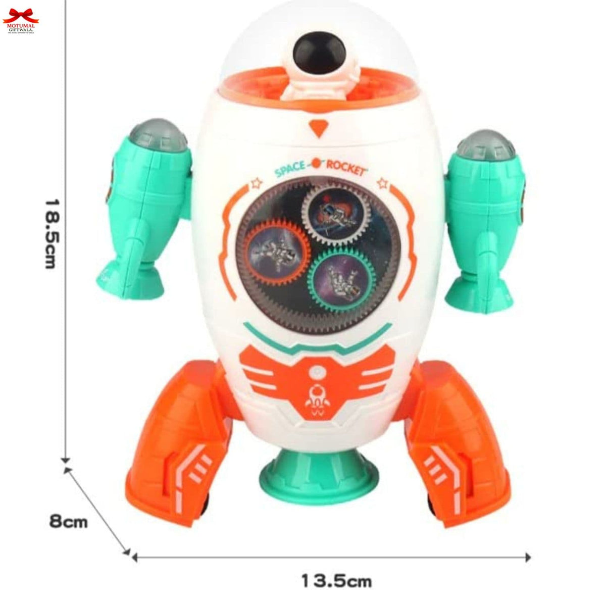 Toy robot with dimensions labeled on a white background