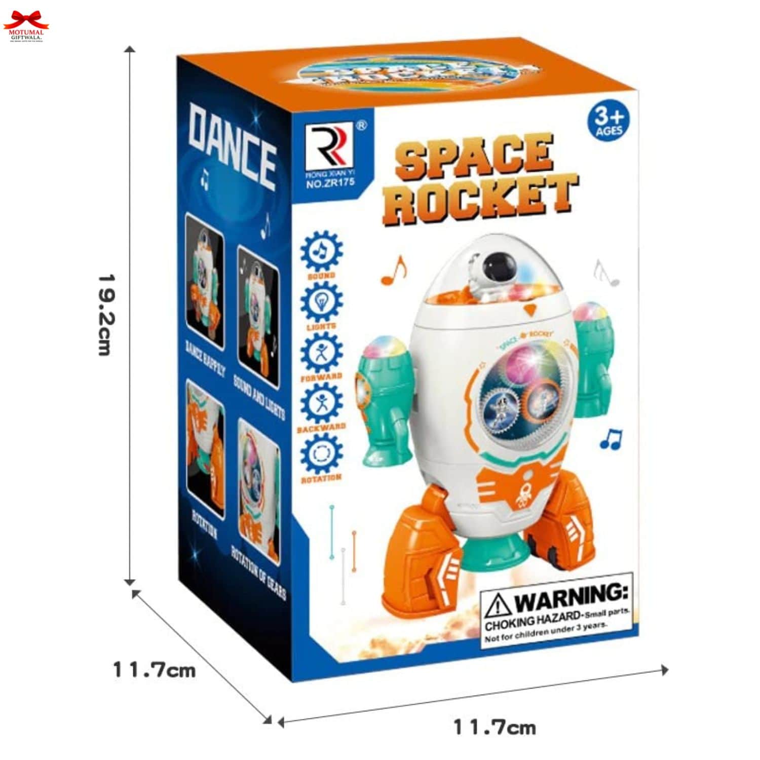 Box of a space rocket toy with dimensions and warning label.