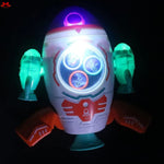 Toy robot with glowing green eyes and red accents on a black background