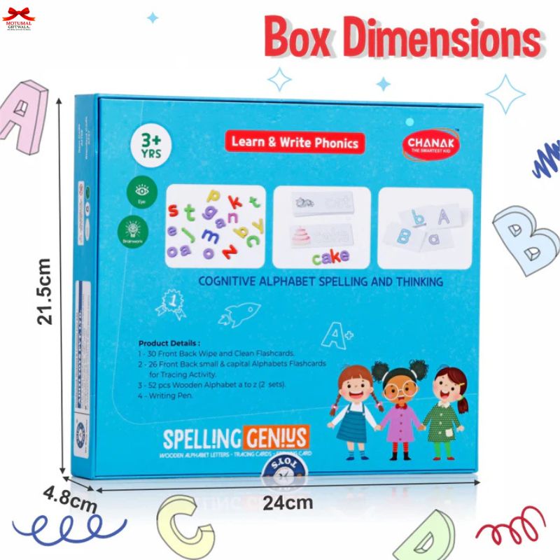 Box dimensions of a educational product with branding and product details on a blue background.