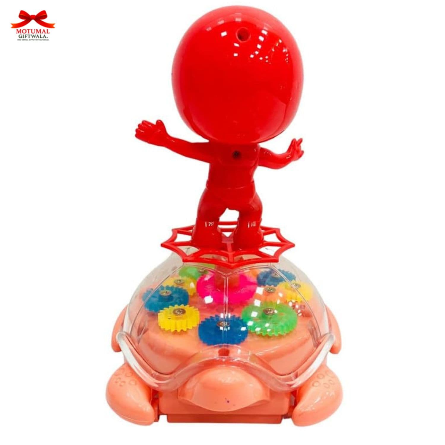 Toy figure on a turtle with colorful gears inside, branded 'MotuMai'.