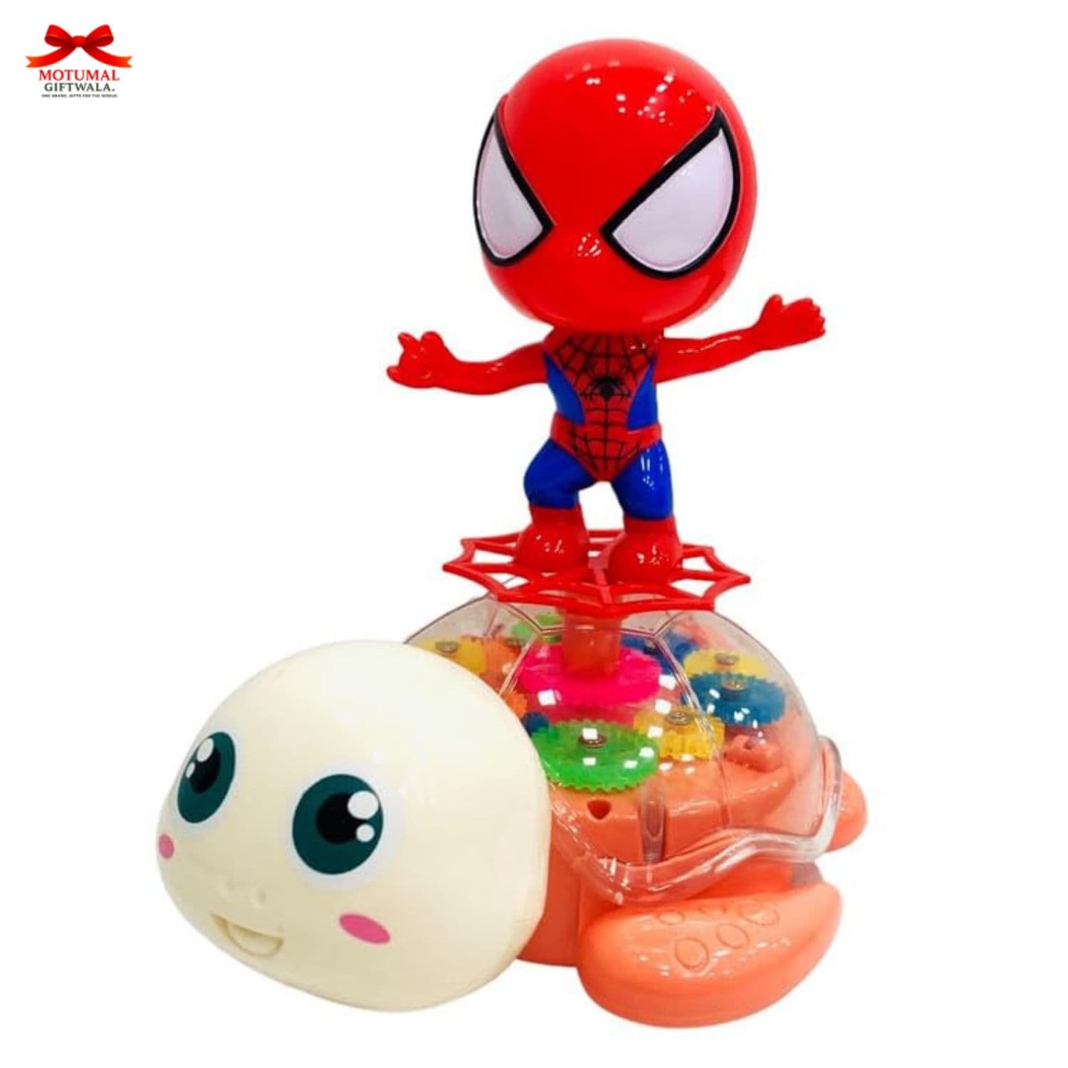 Toy figure of a character in a red and blue suit on top of a turtle with a white background