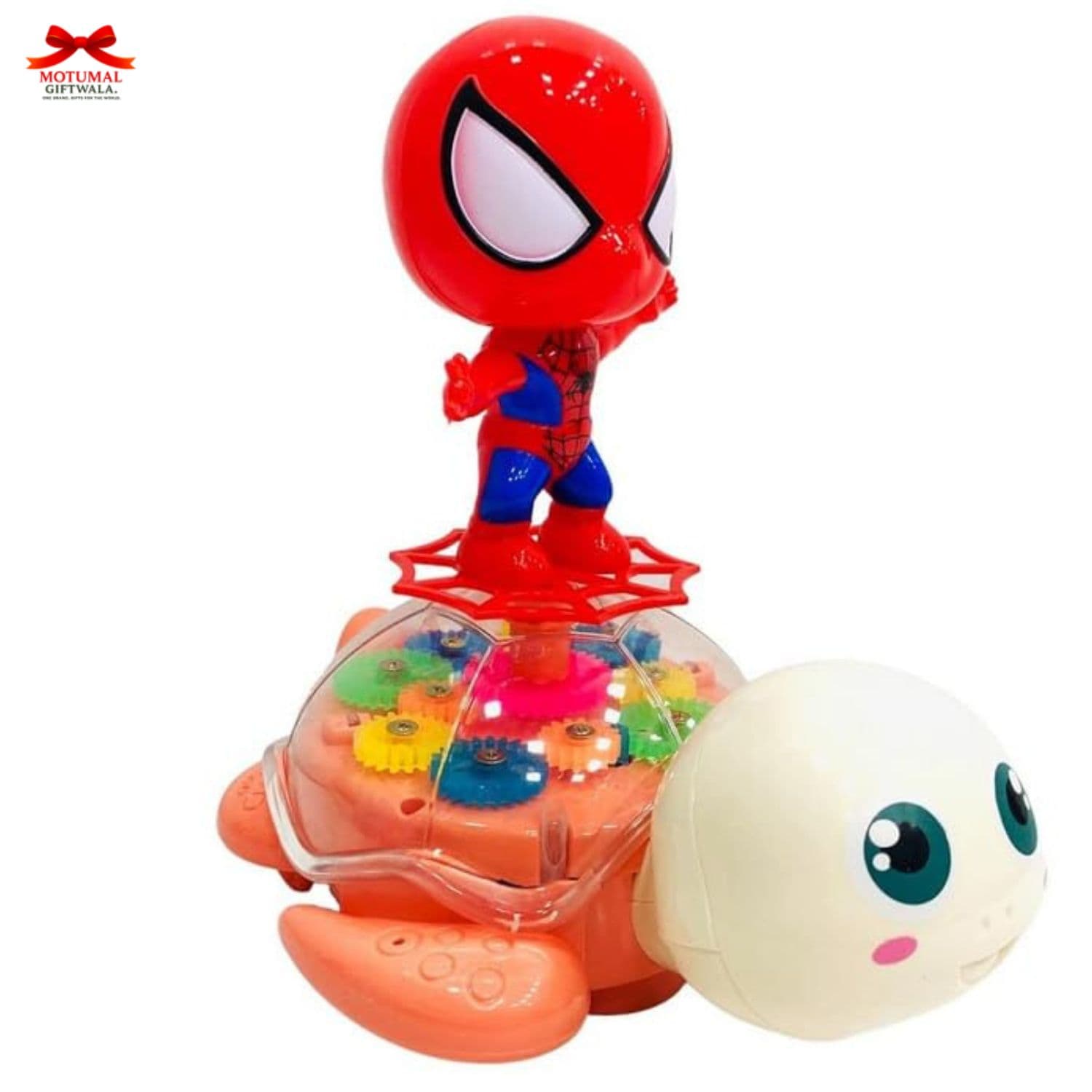 Toy figure of a character in a red and blue suit on top of a turtle with colorful beads inside, on a white background.