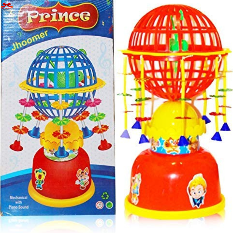 Colorful toy with a cage-like structure next to its packaging