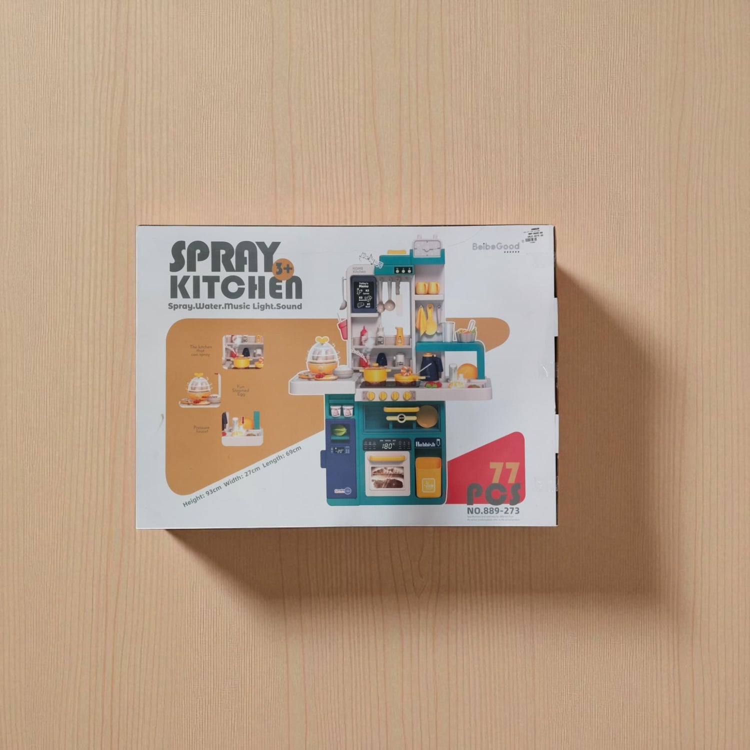 Spray Kitchen Set horizontal box showing 77 pieces and cooking playset design for kids