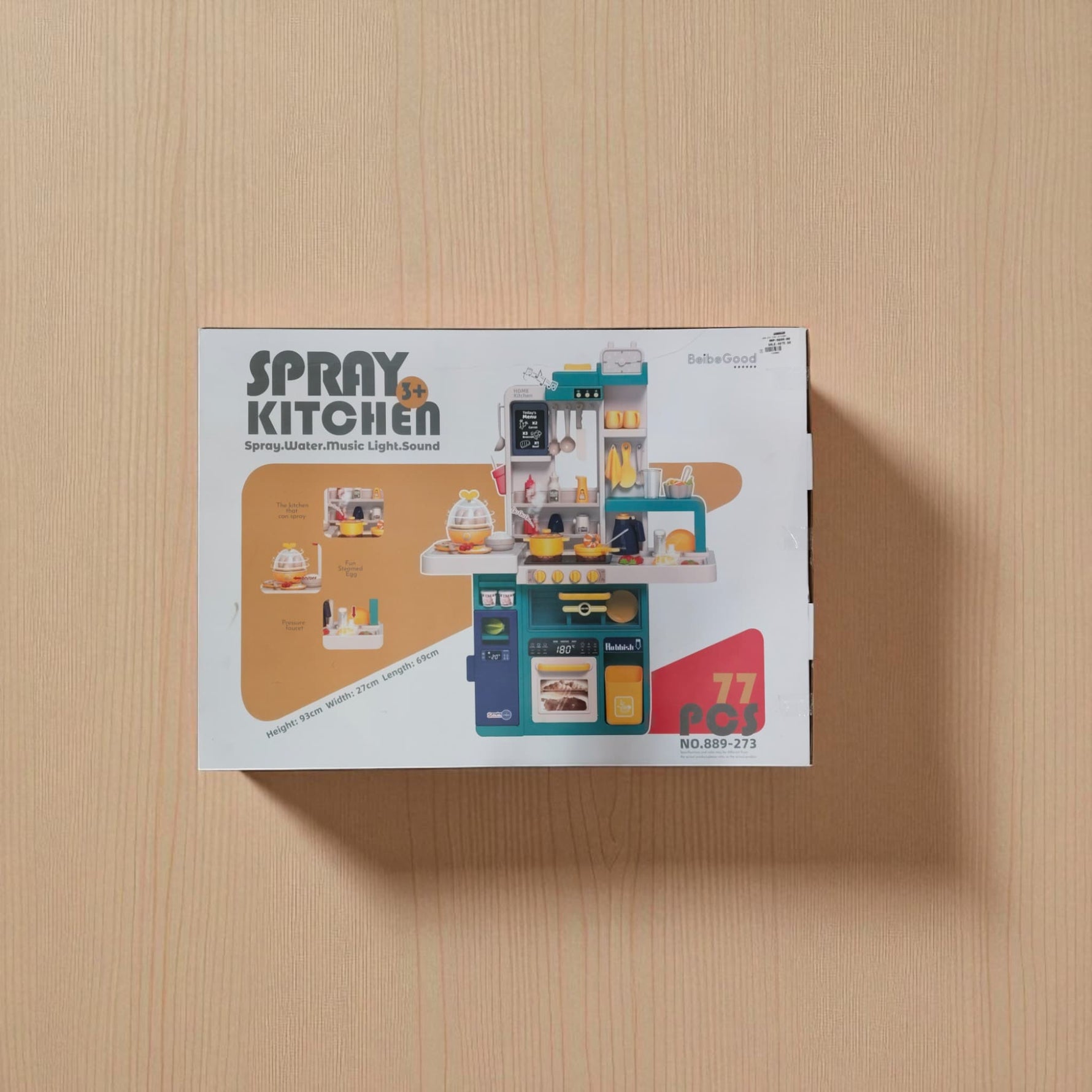 Spray Kitchen Set horizontal box showing 77 pieces and cooking playset design for kids