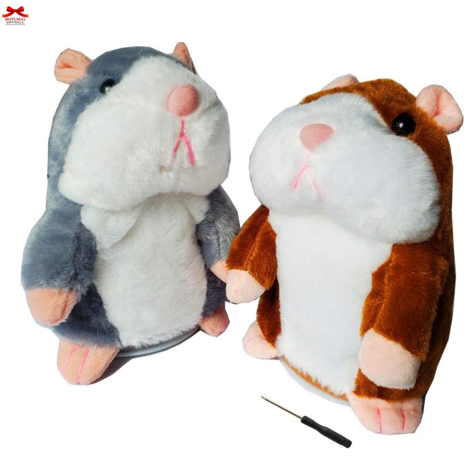Two plush toy hamsters, one gray and white, one brown and white, on a white background.