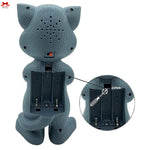 Gray cat-shaped speaker with battery compartment on a white background