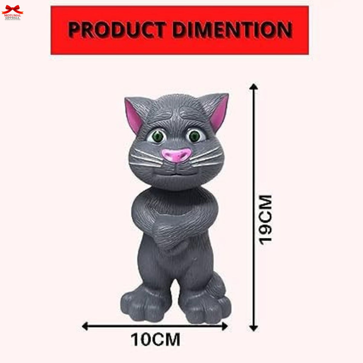 Gray cat figurine with dimensions labeled on a white background