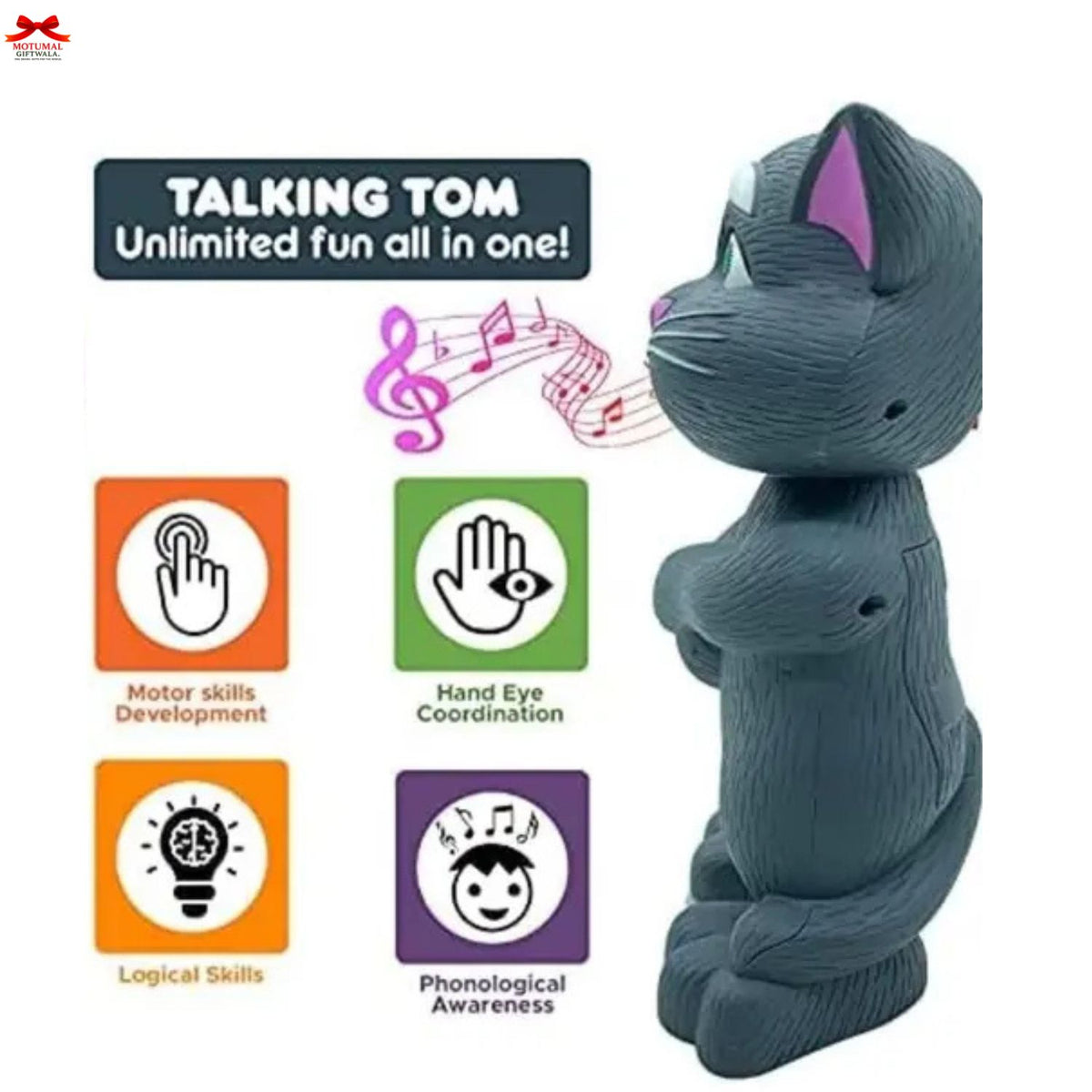 Talking Tom toy with educational icons on a white background