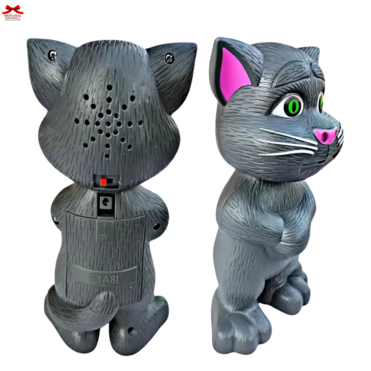 Gray cat-shaped toy with pink inner ear on a white background