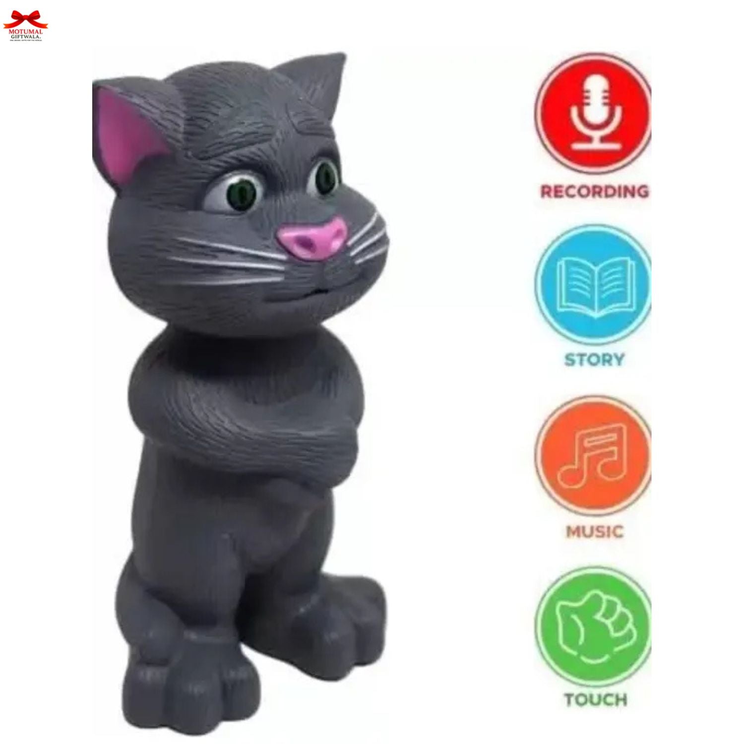 Toy cat figure with interactive icons on a white background