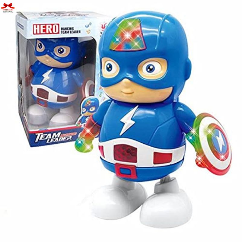 Superhero toy figure with colorful helmet and shield, standing next to packaging labeled 'Hero Team Leader'.