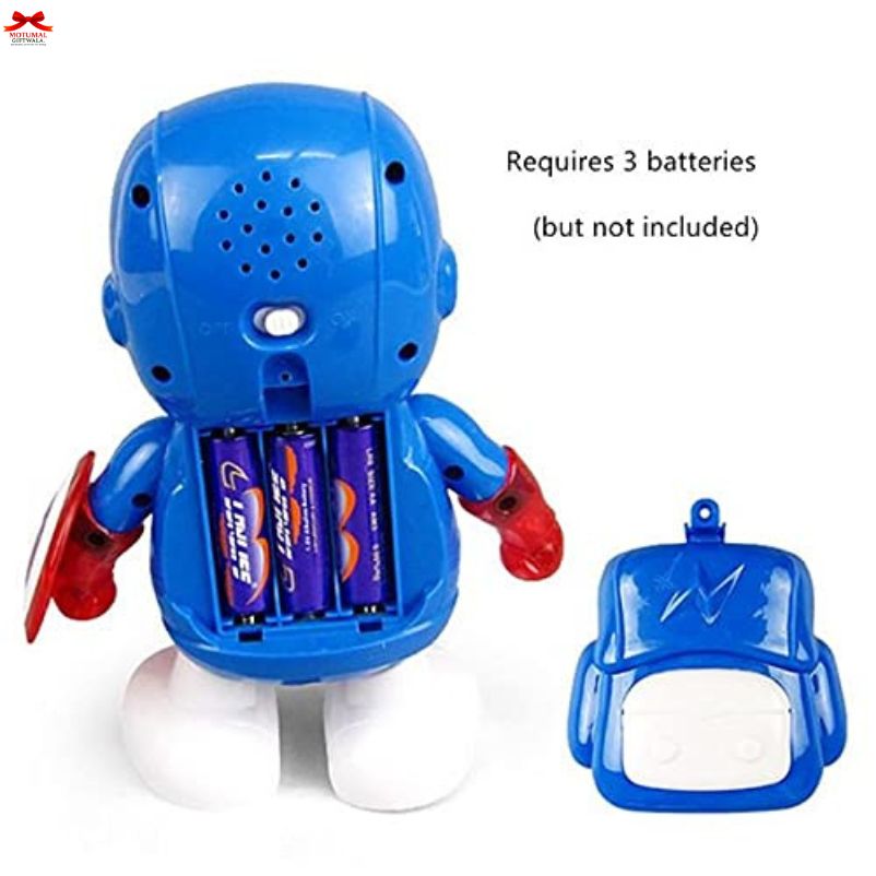 Blue robot toy with battery compartment on a white background