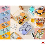 Collage of a bento box with compartments filled with food and utensils on a colorful background.