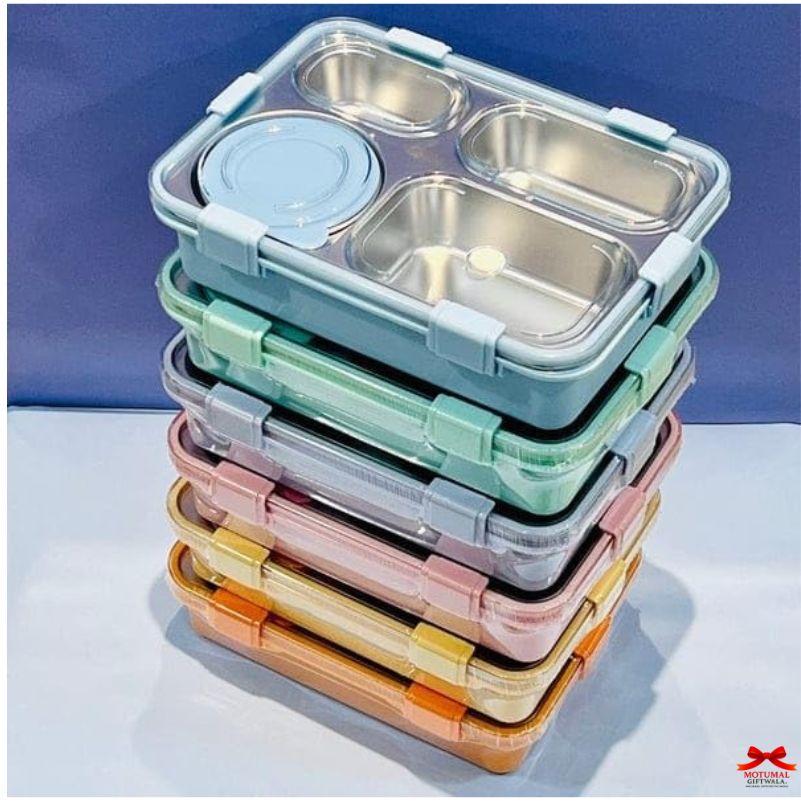 Stack of colorful stainless steel bento boxes on a blue background