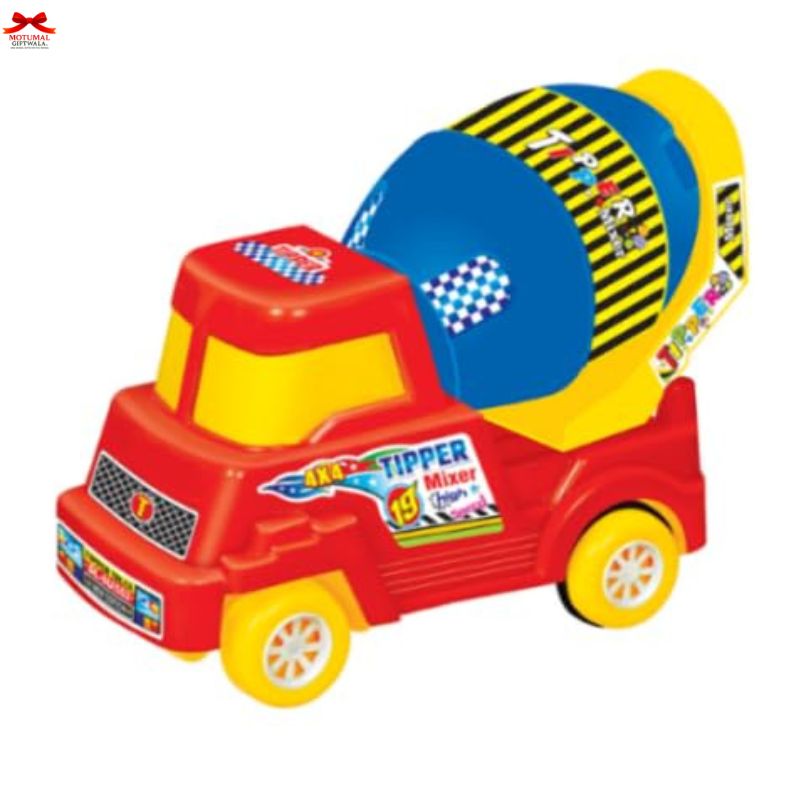 Colorful toy cement mixer truck on a white background