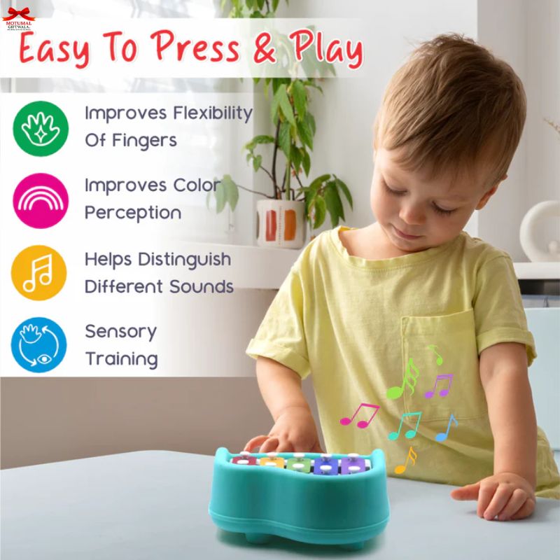 Child playing with a colorful toy on a table, with text about its benefits.