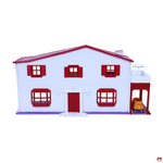 Model of a house with red accents on a white background