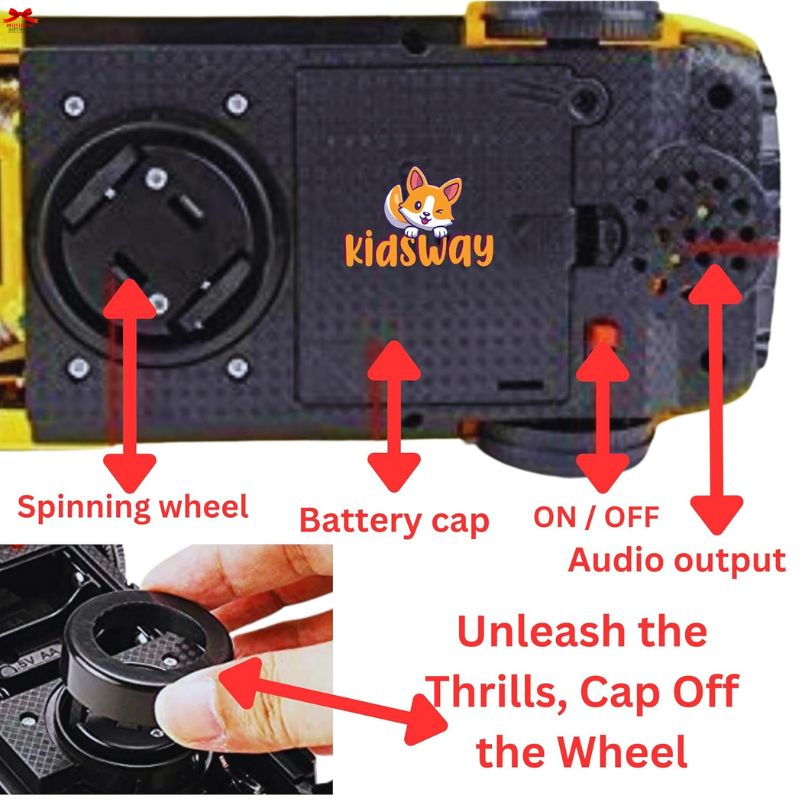 Toy vehicle with labeled parts and 'kidsway' branding