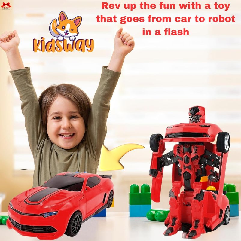 Child with raised arms next to a red toy car and robot, with 'Kidsway' branding.