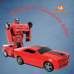 Red toy car transforming into a robot with 'Kidway' branding on a blue background.