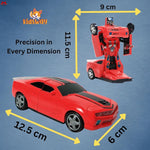 Red toy car and robot with measurements on a blue background, featuring the brand 'Kidsway'.