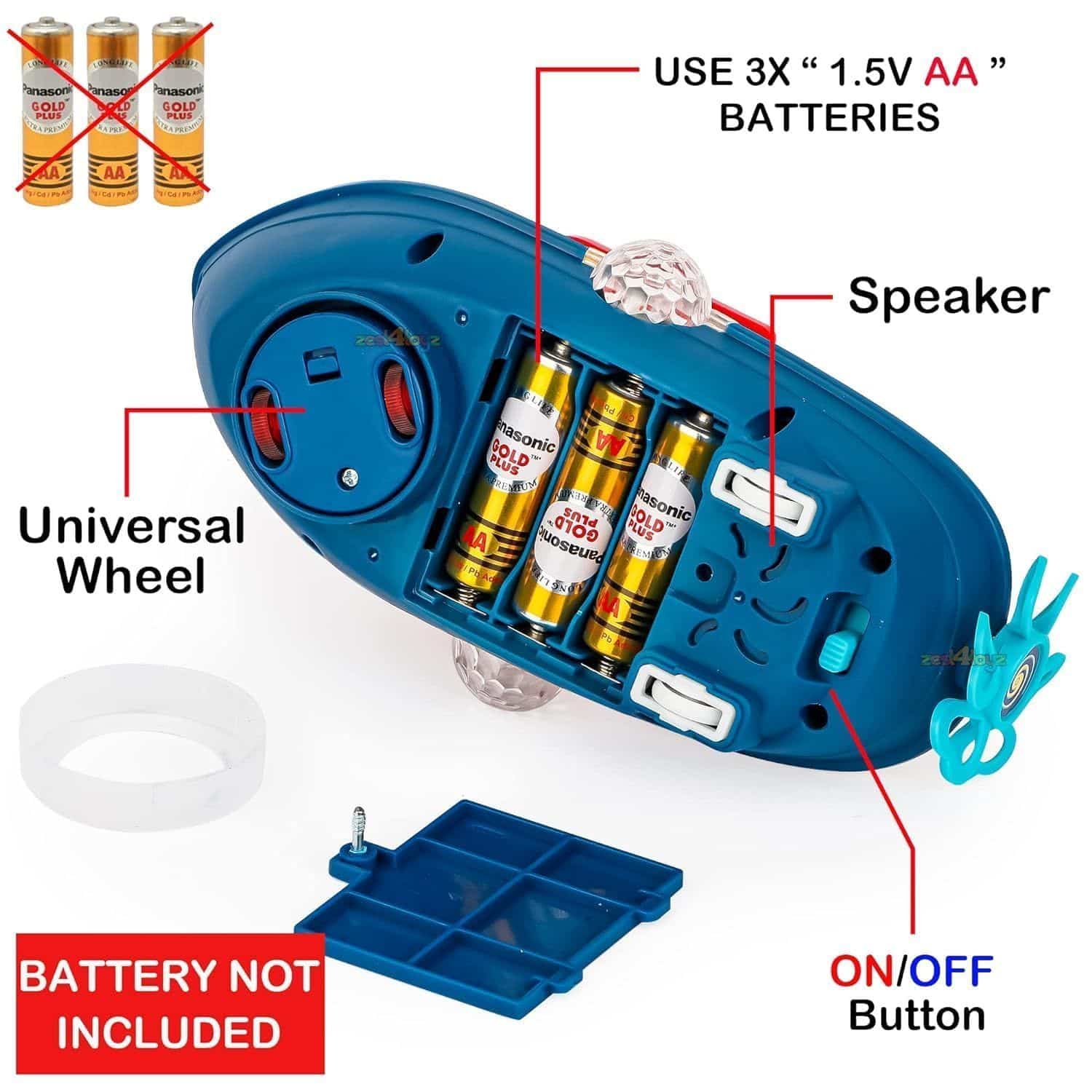 Blue electronic device with battery compartment and labeled parts on a white background
