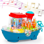 Toy ship with musical elements and colorful lights on a white background