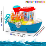 Toy boat with colorful features and dimensions displayed on a white background
