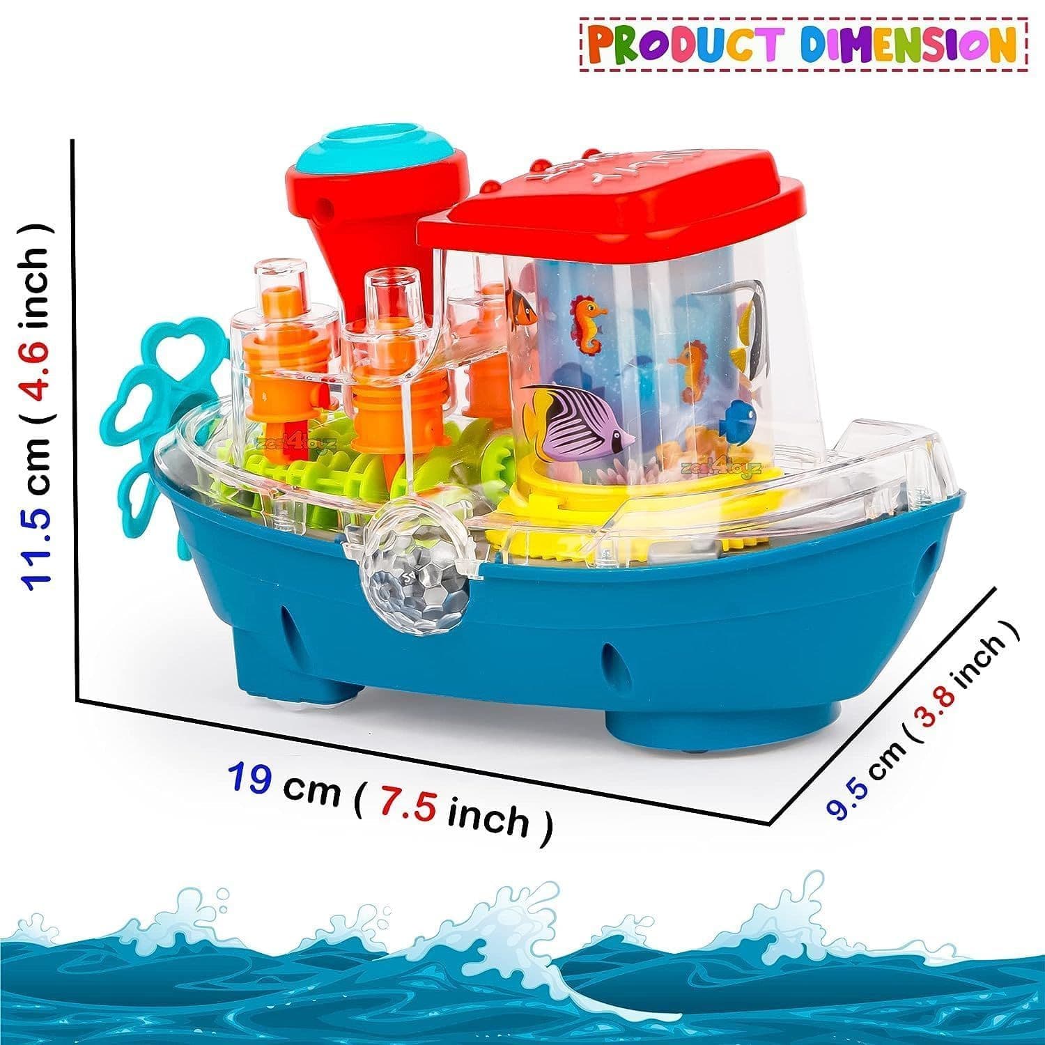 Toy boat with colorful features and dimensions displayed on a white background