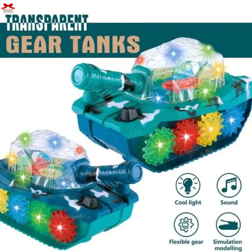 Toy tanks with transparent gears and lights on a white background