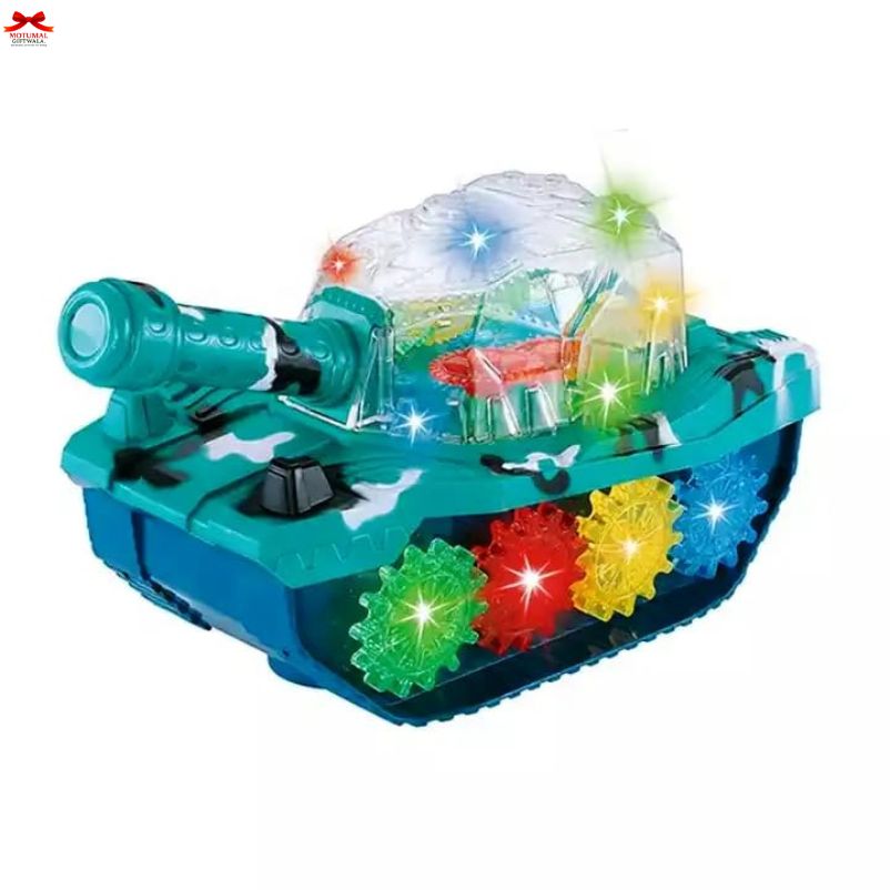 Toy tank with colorful gears and lights on a white background