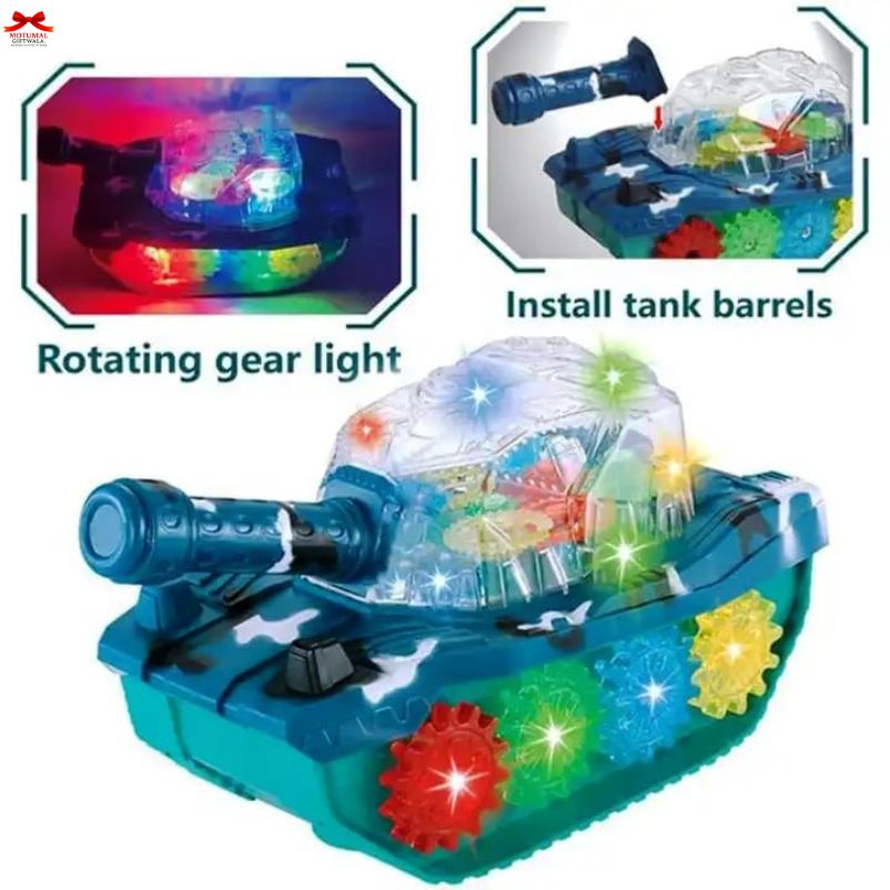 Toy tank with rotating gears and light effects, featuring text on installation and features.