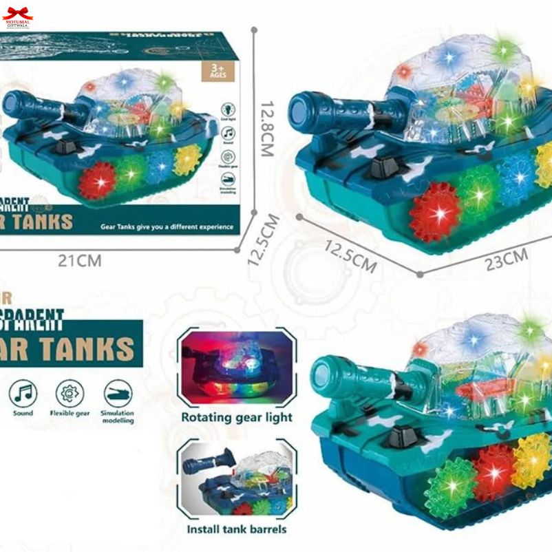 Toy tanks with lights and gears, packaging, and dimensions on a white background